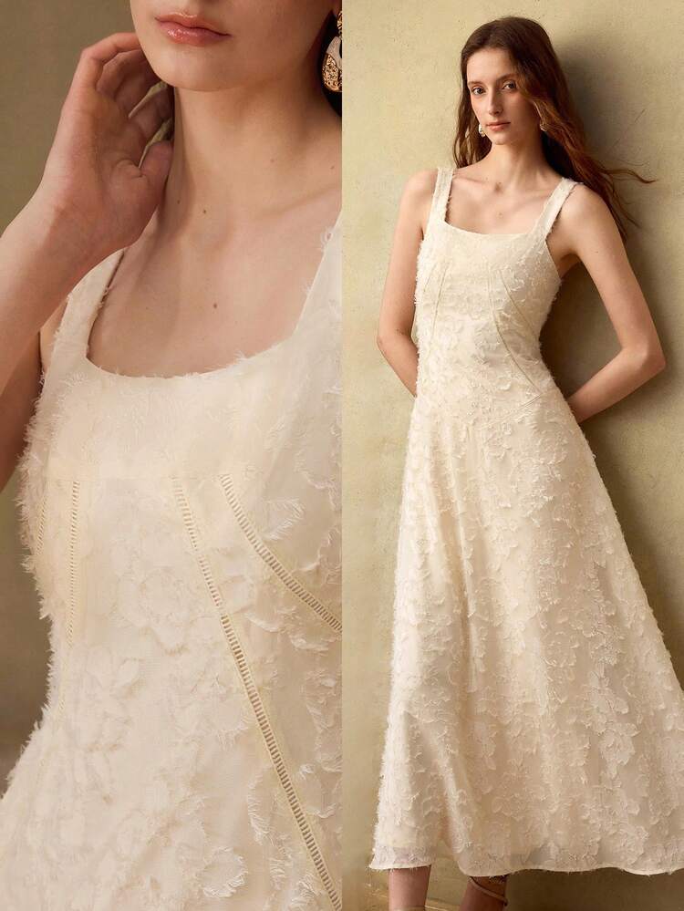 SUMMER ROMANTIC ELEGANT CONTRAST LACE JACQUARD TEXTURED FABRIC FLARED WAIST FLATTERING SQUARE NECK WOMEN DRESS