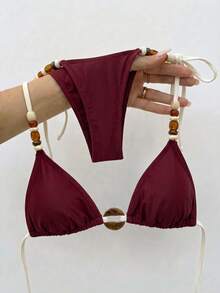 Swim Basics 女款純色串珠環飾掛脖綁帶性感比基尼兩件式泳衣套裝，白色紮染，適合海灘度假夏季 - 黑色 - 查看 6