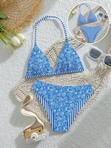 SHEIN Teen Girls 2pcs Reversible Swimwear Set, Halter Top With Adjustable Buckle And Triangle Bikini Bottom, Shell & Stripe Print Knit Fabric, Casual Style For Summer Beach, Pool, Vacation, Summer Holiday Party - Multicolor - View 3