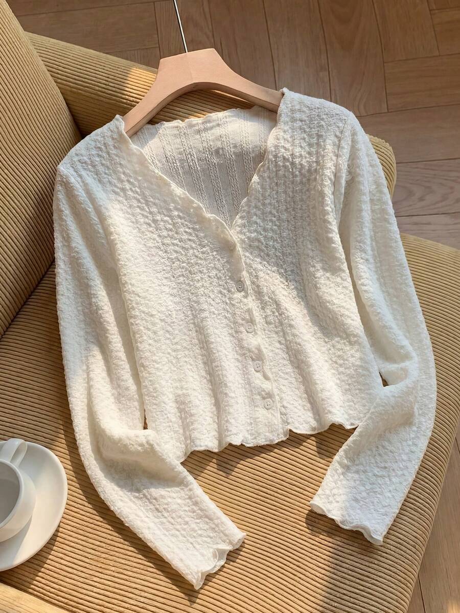 SHEIN Jaket Kardigan Putih Rajut Bergaris Leher V dengan Hiasan Ruffle untuk Remaja Perempuan Musim Gugur/Dingin, Cocok untuk Kembali ke Sekolah, dan Pakaian Serasi Ibu dan Anak. - Putih - View 1