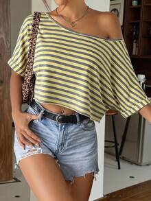 SHEIN EZwear 女士黄色条纹针织宽松单肩超大款T恤 - 淡黃色 - 查看 3