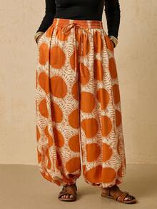 Travachic Plus Size Women's Sun Print Waist Tie Loose Cuffed Long Pants - Multicolor - View 1