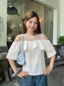 DAZY 女款對比色網紗短袖圓領荷葉邊飾夏季上衣 - 白色 - 查看 5