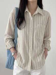 DAZY 女款條紋單排扣口袋休閒長袖襯衫 - 杏色 - 查看 4