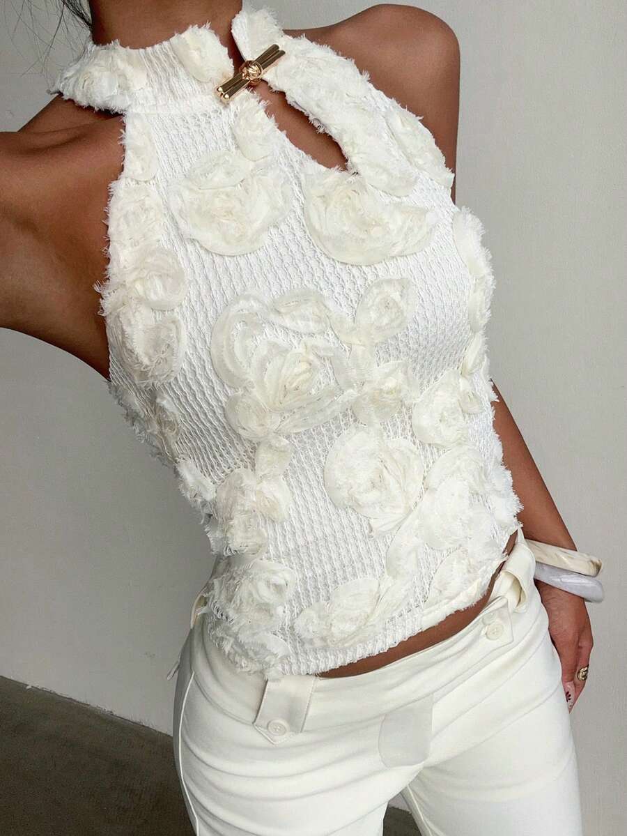 SHEIN 新款女士无袖立领优雅上衣，春夏款。磁扣闭合，纹理印花面料，中等弹力，常规长度。休闲性感修身吊带衫，适合日常穿着、派对、约会、邮轮旅行、度假、海滩、音乐节等场合，展现波西米亚风情。也适合情人节、派对、海滩、毕业典礼等场合，尽显优雅魅力。 - 杏色 - 查看 1
