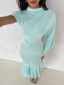 Aloruh Women's Sexy Romantic Elegant Draped Ruffle Trim Asymmetric Hem Bodycon Dress Party Mint Green Summer - Blue - View 8