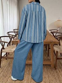 Vionelle Damen Große Größen Französischer Lässiger Eleganter Herbst/Winter Langarm Oberteil Und Lange Hose 2 Teile Set - Blau - Übersicht 2