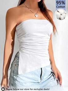Tseoso Women's Solid Color Pleated Split Design Casual Versatile Daily Outing Tube Top - White - View 3