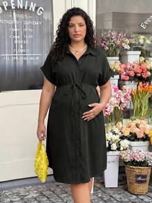 Plussiva 孕妇加大码简约基础款单排扣系带休闲连衣裙 - 黑色 - 查看 9