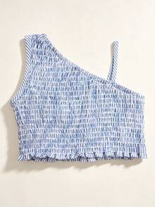 SHEIN Elladie kids 女童新款清新度假風單肩抹胸無袖上衣 + 藍白直條紋紋理層次荷葉邊裙 2件套，適合海灘度假、外出、公園、短途旅行、生日派對、下午茶、親子活動、遊樂園、夏季 - 藍色 - 查看 5