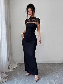 SHEIN Elenzya Fitted Strapless Dress With Lace Stand Collar And Solid Color Cut - Black - View 4