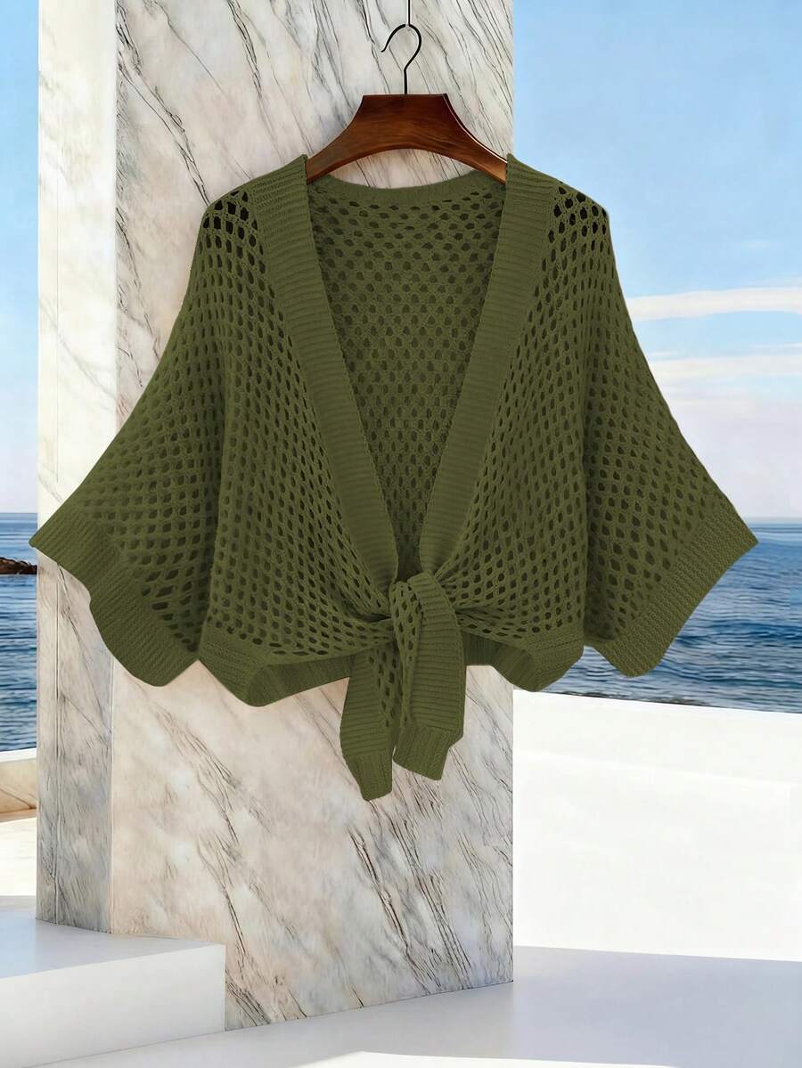 GlowEve 鏤空V領綁帶寬鬆時尚百搭性感女款開襟外套 - 軍綠色 - 查看 1