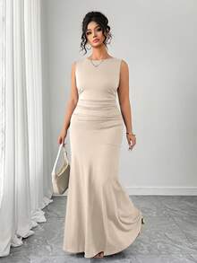 Elenzga Women's Elegant Dress, Sleeveless Round Neck A-Line Silhouette, Ruched Waist Design, Solid Color Knit Fabric - Apricot - View 7