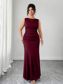 Elenzga Women's Elegant Dress, Sleeveless Round Neck A-Line Silhouette, Ruched Waist Design, Solid Color Knit Fabric - Red - View 3