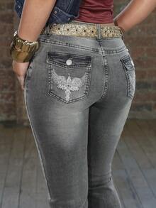 ROMWE X Magda Mysz Grunge Punk Punk Chic Vintage Pattern Embroidered Slim Fit Low Waist Flare Leg Jeans For Women - Light Grey - View 2
