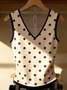 Franclia 2026 New Women's Polka Dot V-Neck Sleeveless Tank Top, Summer Casual Slim Fit Camisole With Contrast Binding, Versatile Layering Polka Dot Vest - Apricot - View 2