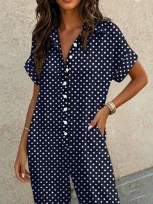 EMERY ROSE Lazy Vacation Style White Linen Texture Lapel Short Sleeve Wide Leg Jumpsuit - Navy Blue - View 4