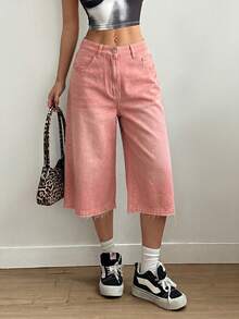 SHEIN EZwear 夏季休閒街頭風水洗寬鬆牛仔短褲 日常白天穿著 柔粉色 周末款 - 米色 - 查看 3