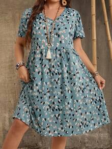 EMERY ROSE Große Größen V-Ausschnitt Kurzarm Lässig Kleid, Country Lässig Urlaubsoutfits Frau, Einfach und Modisch für den Alltag, Sommer Tops Damen, Sommer Outfits für Frauen - Grün - Übersicht 6