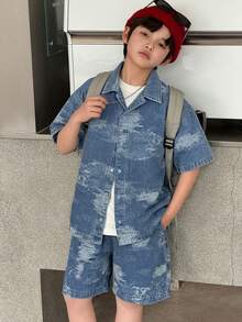 Dazy Kids Textured Design Lapel Shacket + Straight Leg Denim Shorts Casual Cool Tween Boys Denim Set Summer - Medium Wash - View 3