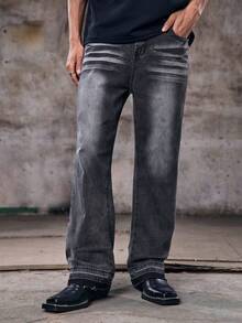 Skyrend Lightweight Business Casual Washed Distressed Hem Jeans For Men, Versatile Slim Straight Leg Casual Pants, Suitable For All Seasonsemo - Black - View 1