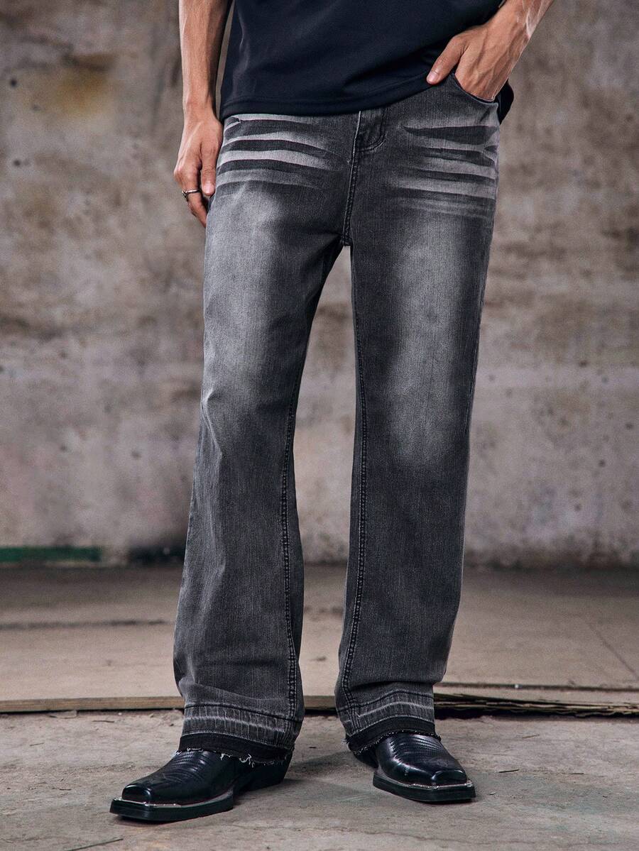 Skyrend Lightweight Business Casual Washed Distressed Hem Jeans For Men, Versatile Slim Straight Leg Casual Pants, Suitable For All Seasonsemo - Black - View 1