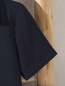 Mirajuku Set Kasual Kemeja Lengan Pendek Kancing Tunggal Warna Polos untuk Anak Laki-Laki Usia Remaja, Terdiri dari Celana Pendek dan Kemeja Lengan Pendek - Navy Blue - View 4