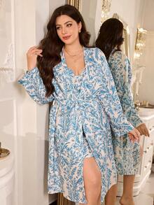 MuseNap CURVE Plus Size Vintage Full Print Floral & Bird Pattern Belted Robe And Nightgown Set - Blue - View 3