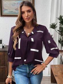 SHEIN LUNE Ropa de Navidad para Mujer Blusa Casual de Oficina para Mujer, Uniforme de Trabajo para Maestra, Ropa de Fiesta, Camisa Negra con Estampado de Lentejuelas Conjunto de Año Nuevo, Casual - Morado - Ver 4