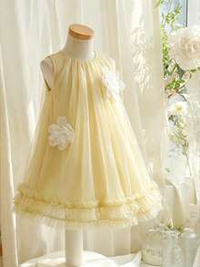 SHEIN Glamorique Kids 女童夏季綠色無袖碎花洋裝，甜美可愛風格，優雅且 - 黃色 - 查看 6