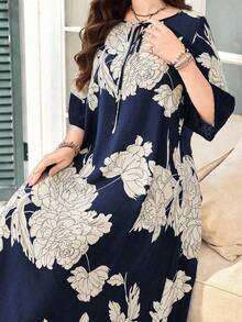 Lacomfia Women's Round Neck 3/4 Sleeve Chiffon Pom Pom Cutout Patchwork Faux Linen Comfortable Fashion Print Loose Casual Long Dress - Multicolor - View 6