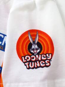 LOONEY TUNES X SHEIN 青少年男孩條紋圓領短袖休閒T恤 - 紅色 - 查看 5
