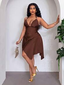 Slaydiva Spring Summer Party Evening Rave Valentine's Day Elegant Sexy Solid Chocolate Brown Halter Neck Asymmetrical Hem Ruched A-Line Dress Women's Plus Size - Brown - View 4