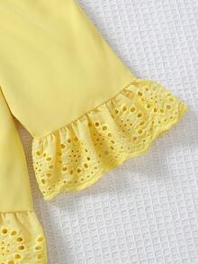 Elladie kids 女童2件組荷葉邊露肩上衣與珍珠裝飾牛仔褲，適合夏季日常穿著 - 黃色 - 查看 4