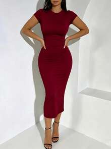 INAWLY Solva Women's Solid Color Sexy Fitted Round Neck Elegant Dress - Burgundy - View 6