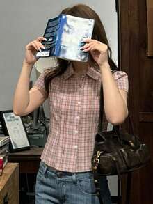 DAZY 格紋圖案翻領修身短袖女款襯衫 - 粉色 - 查看 6
