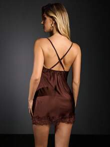 EmpressEnvy Satin Camisole Nightgown With Lace Trim, Sexy & Elegant Sleepwear - Brown - View 3