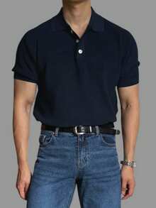 DAZY Top de punto de unicolor con cuello polo azul marino para hombres de verano - Azul Marino - Ver 5
