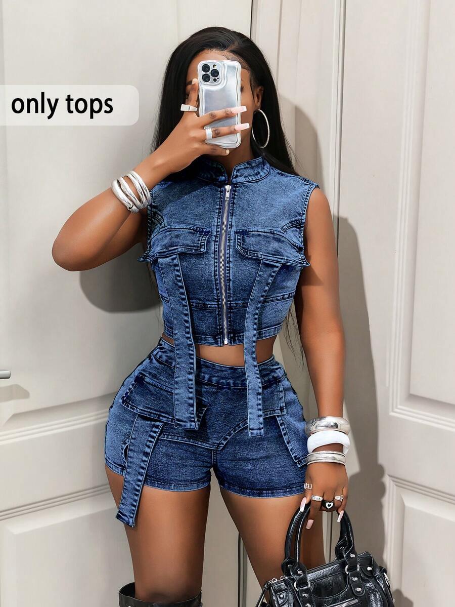 BamGleam Sexy Denim Vest Jacket For Women, Suitable For Outdoor Travel - Dark Wash - View 1