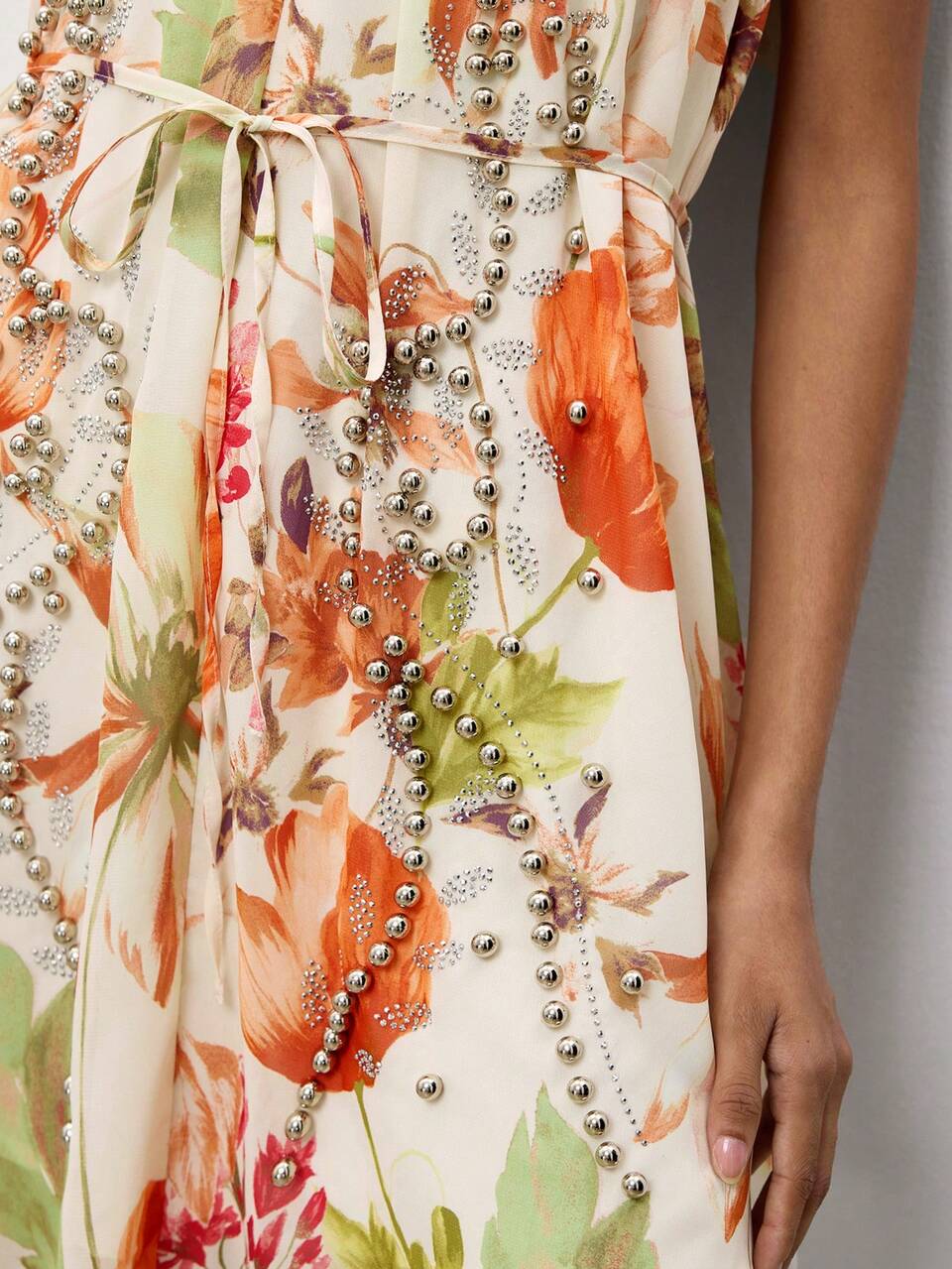 SHEIN Maija Women's Floral Print Beaded Design Fashion Halter Neck Short Dress For Vacation Beach Beige Summer Boho Tropical