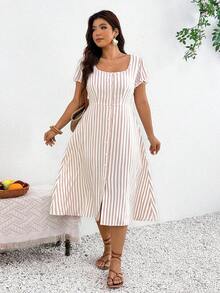 SHEIN Frenchy 大尺碼女款條紋短袖單排扣休閒洋裝 - 彩色 - 查看 6