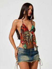 SHEIN ICON 掛脖細肩帶露背不對稱下擺植物印花背心上衣 - 彩色 - 查看 5
