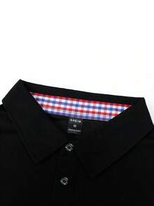 Manfinity Homme Áo thun polo nam họa tiết kẻ caro tay dài cổ bẻ nhiều màu, thường ngày dành cho chồng, mùa thu - màu đen - Xem 5