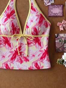 Elavelle Women's Spring/Summer Random Print Spaghetti Strap Bow Bikini Top - Multicolor - View 6