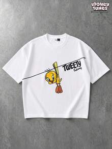 LOONEY TUNES X SHEIN PAVTROS 男士联名短袖T恤，露脐廓形，复古简约休闲风，充满怀旧幽默，休闲百搭，适合学生、通勤、外出、运动、节日礼物 - 白色 - 查看 7