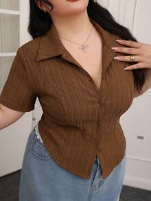 CovetEZ Spring/Summer Wave Pattern Jacquard Casual Solid Color Front Button Plus Size Short Sleeve Slim Fit Flattering Shirt - Brown - View 5