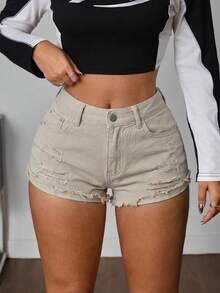 SHEIN PETITE 女款休閒百搭日常牛仔短褲，附口袋、鈕扣與破洞設計，適合嬌小女性 - 卡其色 - 查看 3