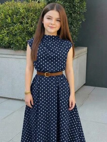 Firerie Kids Firerie Kids 青少年女孩優雅通勤卡其色素色無袖洋裝，返校季節 - 藏蓝色 - 查看 5