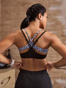 Powerista Women's Patchwork Geometric Print 2 In 1 Casual Fitness Sports Bra - Black - View 5