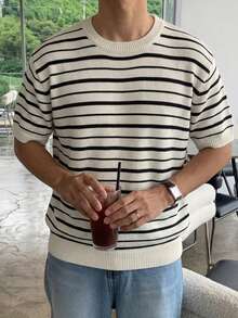 DAZY Men's Summer Half-Button Striped Apricot Knit Top - Multicolor - View 3